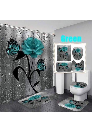 Yeşil Çiçek Açan Çiçekler Gül Kelebek Duş Perdesi Seti Su Geçirmez Banyo Klozet Kapağı Banyo Kaymaz Mat Halı Halı Banyo Dekor 4 A Yeşil