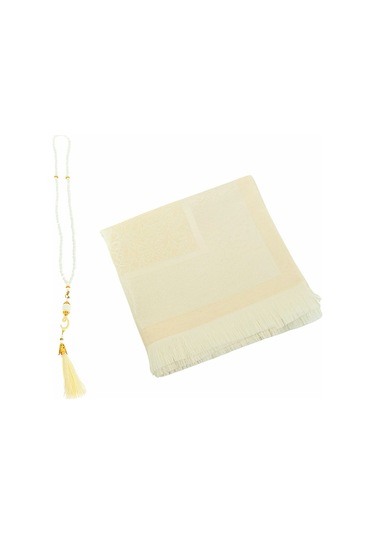 Premium Osmanlı Desen Seccade Ve Vavlı İnci Tesbih Set , Kadınlar Erkekler İçin Beyaz