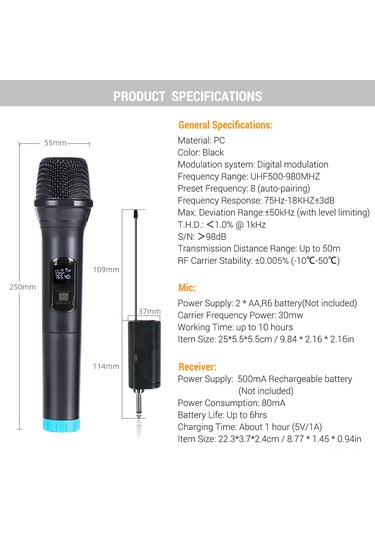 Yifomall Profesyonel Kablosuz Mikrofon Seti - Uhf Çift Kanallı, Şarj Edilebilir Alıcılı, 50m Menzilli, 10 Saat Çalışma Süreli