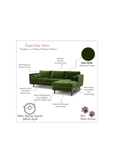 Ürgüp Yeşil Modern Rahat Köşe Takımı Yumuşak Sünger Yüksek Ayak Baby Face Kumaş Pofuduk Sağ Köşe Yeşil Ürgüp Yeşil Modern Rahat Köşe Takımı Yumuşak Sünger Yüksek Ayak Baby Face Kumaş Pofuduk Sağ Köşe Yeşil