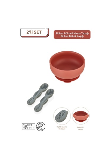 2'li Silikon Bebek Beslenme Seti / Mama Kasesi / Mama Kaşığı - Kiremit Rengi Kiremit