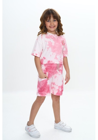 Toontoy Kız Çocuk Batikli Tavşan Baskılı Şortlu Takım Gülkurusu