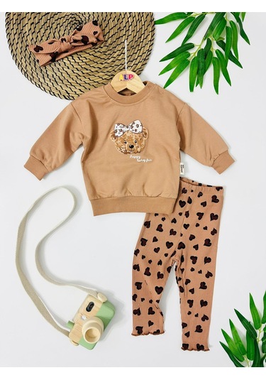Bear Fiyonk Baskılı Tayt Ve Bandana Leopar Kalp Detaylı 3 Parça Mevsimlik Takım Kahverengi
