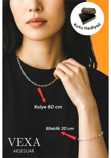 Kararmaz İthal Çelik Ataç Model Zincir Kolye & Bileklik Set Özel Kutulu, Hediyeli Ürün Gümüş