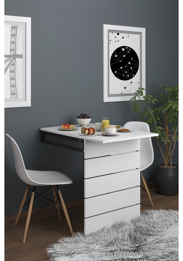 Fulya Duvara Monte Katlanabilir Pratik Yemek Masası Balkon Beyaz