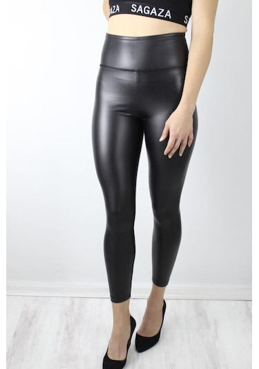 Deri Görünümlü Siyah Tayt Siyah