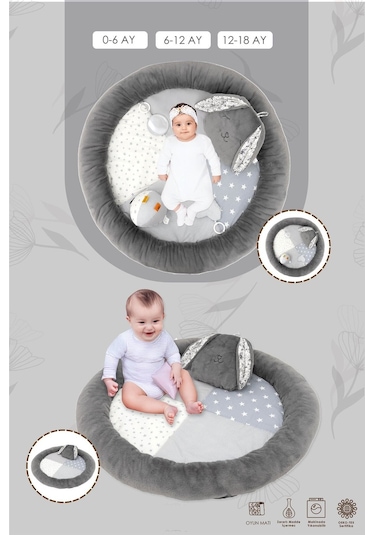 Mordesign Bebek Oyun Alanı, Tavşanlı Bebek Aktivite Matı, Yumuşak Oyun Matı, Baby Gym Serisi, Gri