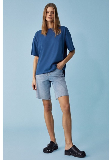 GRIMELANGE Jemmy Kadın %100 Organik Pamuk Relaxed Fit Yırtmaçlı Yuvarlak Yakalı Lacivert T-shirt Lacivert