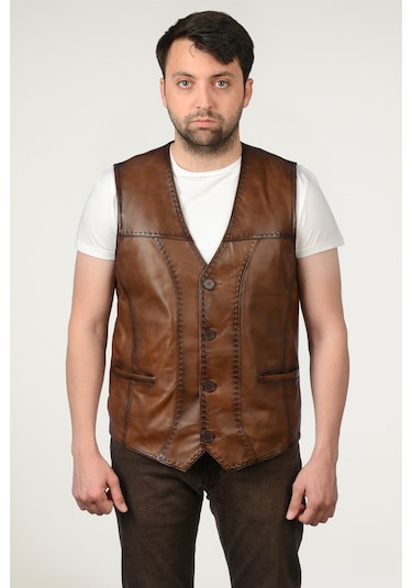 Derije Texas Hakiki Deri Erkek Taba Punto Dikişli Yelek