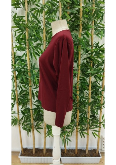 Leyla Sanat Sanata Yeni Bir Bakış Açısı Kadın Uzun Kollu Bisiklet Yaka Ayçiçeği Desenli Viskon Bluz Bordo