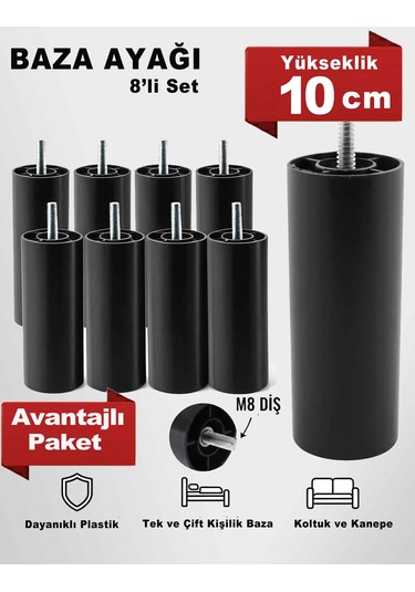 10 Cm M8 Diş 8 Adet Siyah Silindir Mobilya Koltuk Kanepe Baza Ayağı Siyah