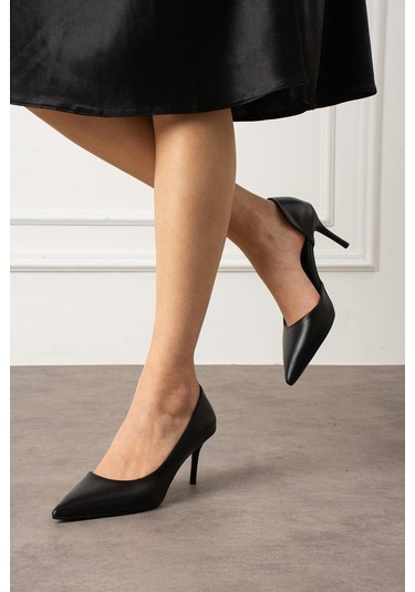 Shoetek Rva Kadın Stiletto İnce Topuklu Yandan Açık Siyah Deri Siyah Cilt