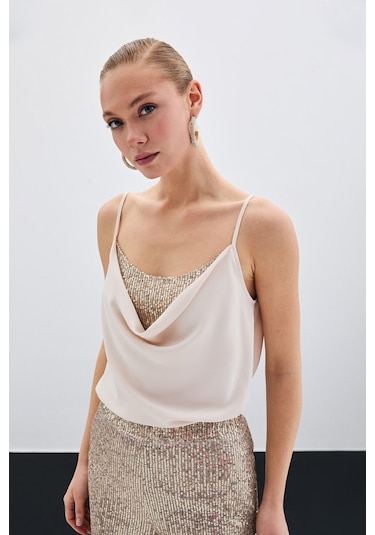 Sateen Degaje Yaka Bluz - Bej-135512 Bej