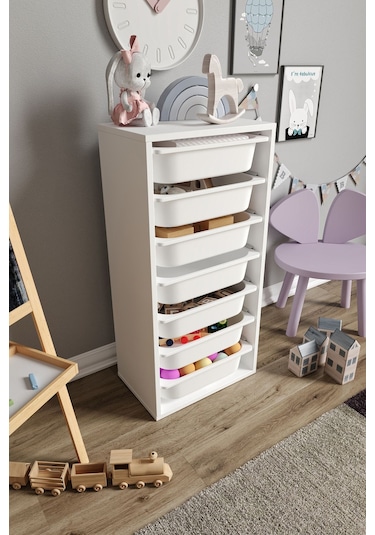 %100 Mdf - Medium Mono 7 Sepetli Oyuncak Dolabı Beyaz