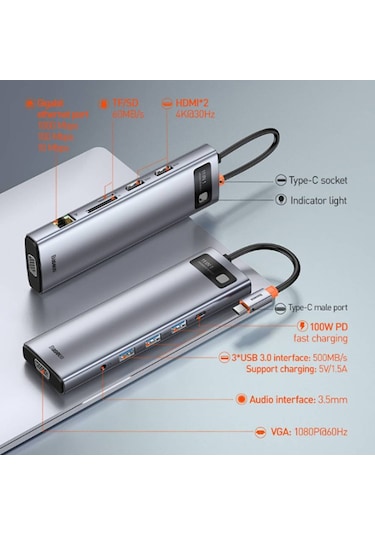 Baseus Metal Gleam Series 100W 11 In1 Type-C Hub Adaptör Çoklayı-Gri