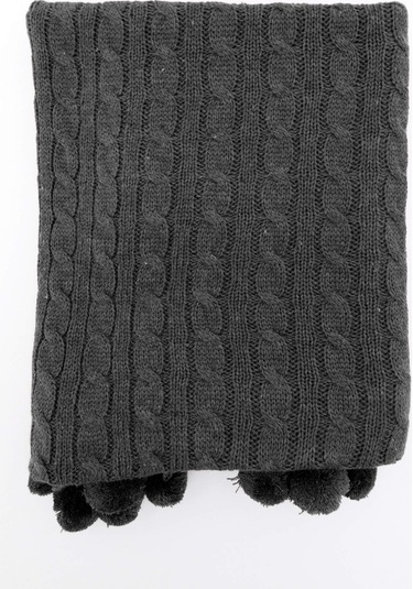 Biocotton Triko Ponponlu Örgü Tv Battaniyesi - Antrasit