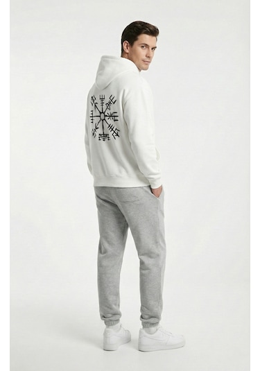 Nevermind Unisex Vegvisir Pusula Baskılı Sevgili Kombini Oversize Hoodie Seti Beyaz
