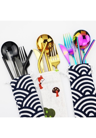 Pembe Altın Seyahat Yemek Takımı Paslanmaz Çelik Taşınabilir Çatal Bıçak Kaşık Çatal Saman Kumaş Paketi Yemek Takımı Piknik Için Pembe & Gümüş