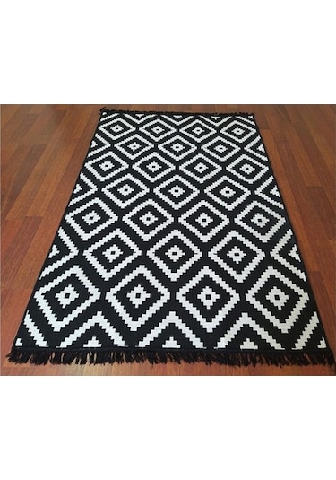 Siyah Beyaz Kilim - Piramit Kare Desen Otantik Model Yıkanabilir