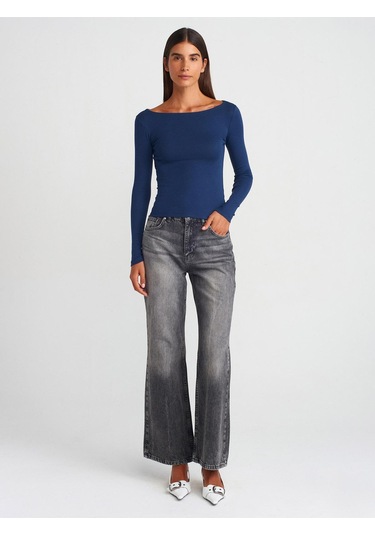 31332 Kayık Yaka Uzun Kollu Top-lacivert-9812 Lacivert