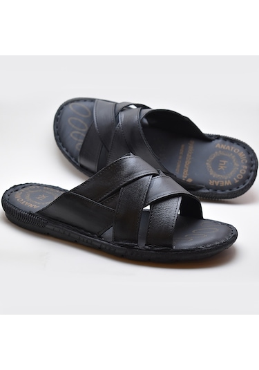Ayakkabiburada 034 Günlük Tam Ortopedik Hakiki Deri Erkek Terlik Puff Taban Siyah