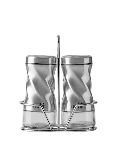 Nehir Burgulu Standlı 2 Parça Paslanmaz Çelik Baharatlık Seti ŞEffaf