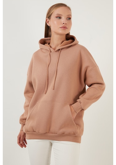 Lela Regular Fit Pamuklu Kapüşonlu Yaka Şardonlu Kışlık Bayan Sweat 5863854 Bisküvi