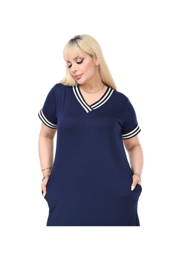 Melsay Butik Lacivert Yakası Şeritli V Yaka Midi Elbise Lacivert