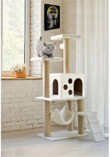 Nursoft B-10 Hamaklı Yuvalı Lüx  Kedi Tırmalama Evi Beyaz
