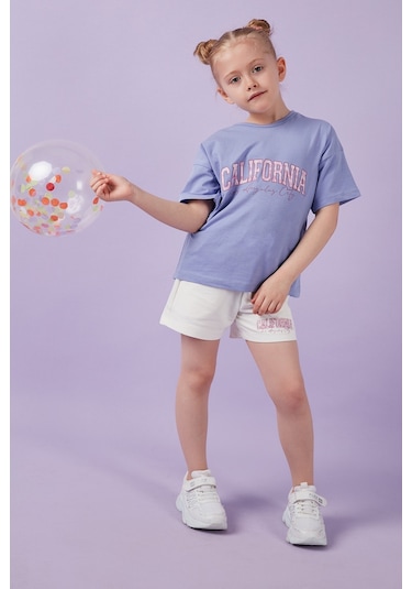 Lela Pamuklu Baskılı Bisiklet Yaka Şortlu Alt-Üst Kız Çocuk Takım 6212004 Lila