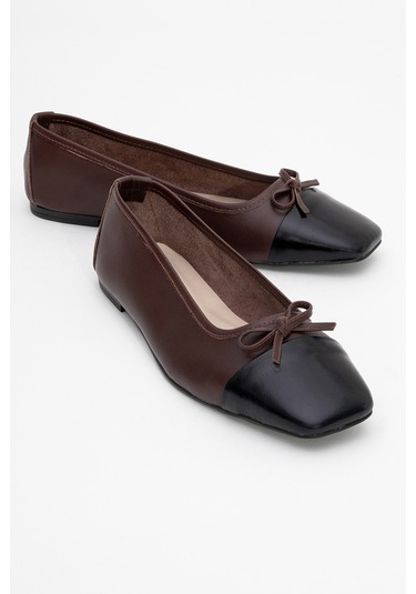 Romy Kahverengi-siyah Cilt Hakiki Deri Küt Burunlu Fiyonklu Kadın Babet Ayakkabı Kahverengi - Siyah