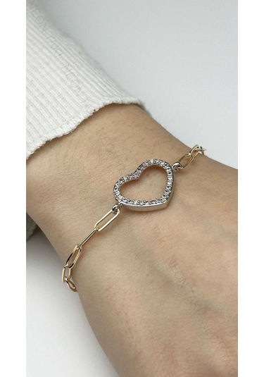 Kalp, Zirkon Taşlı, Pirinç Üzeri Kaplama Bileklik 361 , Zincir Gümüş Renk Altın