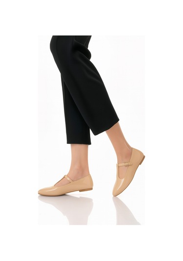 Siyah Süet T-strap Mary Jane Tasarım Babet Bej Rugan
