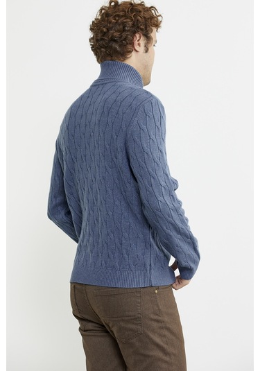 Tam Balıkçı Saç Örgü Triko Kazak - Indigo 001