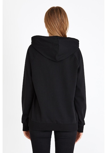 Comeor Kadın Siyah Basic Kapüşonlu Regular Fit Rahat Sweatshirt 001