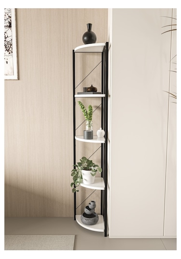 Alpa Ev Mobilya Üçgen Köşe Raf, 5 Raflı Metal Gövdeli Dekoratif Kitaplık, Çok Amaçlı Ünitesi Beyaz