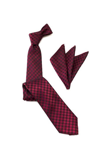 Venchy Bordo Siyah Kazayağı Desen Mendilli Kravat 4240 - 5Mk Bordo