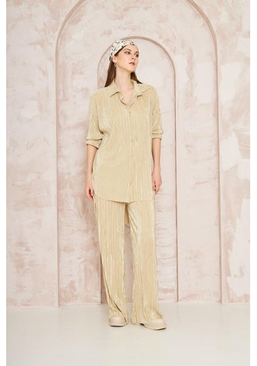 Kadın Pliseli Beli Lastikli Pantolon Tunik Gömlek Ikili Bürümcük Salaş Takım 3573300 Sarı