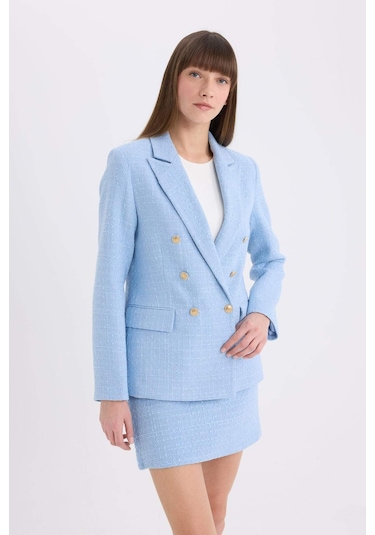 DeFacto Regular Fit Ceket Yaka Tweed Blazer Ceket E5331AX25SPBE196 Mavi DeFacto Regular Fit Ceket Yaka Tweed Blazer Ceket E5331AX25SPBE196 Mavi