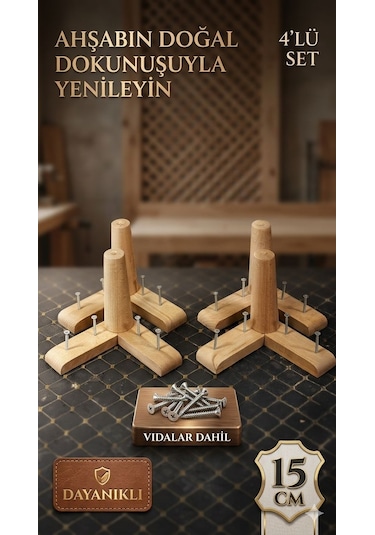 1. Sınıf Gürgen Ağacı 15 Cm 4'lü Set Mobilya Kanepe Koltuk Tv Ünitesi Yükseltme Koltuk Ayağı Ahşap