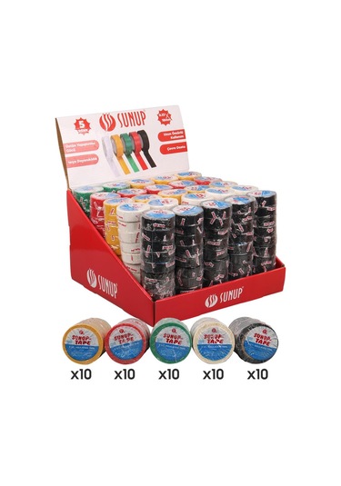 Sunup Sn-27919 0.13x18mm 5 Renk İzole Elektrikçi Bant 10 Metre 50x5'li Paket Kırmızı- Sarı - Siyah - Yeşil - Beyaz