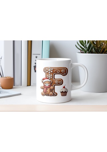 F Kurabiye Harf Ve Ayıcık Detaylı Kupa Bardak - Yeni Yıl / Yılbaşı Temalı Tasarım - Noel Hediye Beyaz