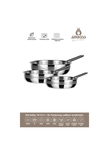 Lusigram 3 Parça Paslanmaz Çelik İndüksiyon Tabanlı Kapaksız Tava Seti
