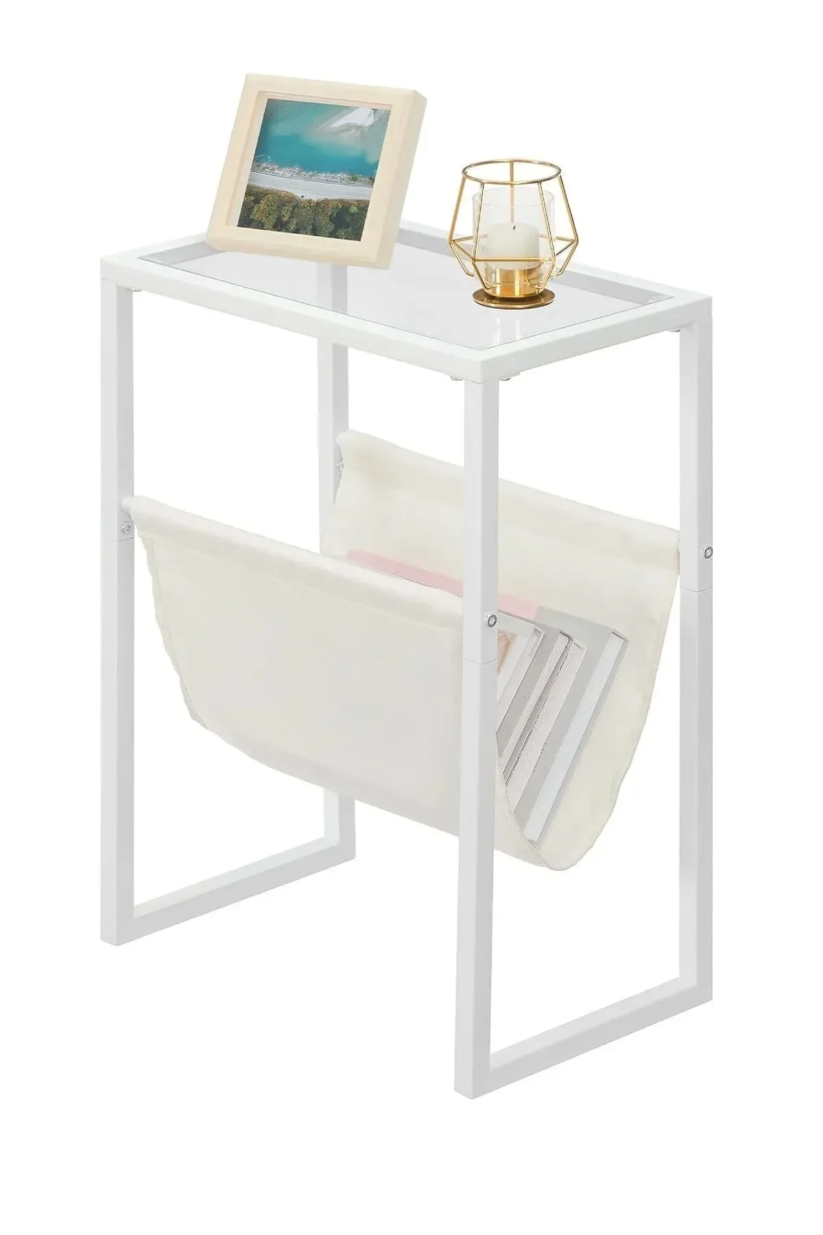 Temperli Cam Gazetelik Dergilik Yan Sehpa Koltuk Sehpası Beyaz-şeffaf