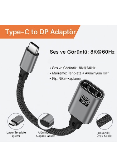 Polham Type C To Displayport Adaptör 8k Uhd 60hz Dayanıklı Örgü Kablo Tak-çalıştır 8k Dp Kablosu