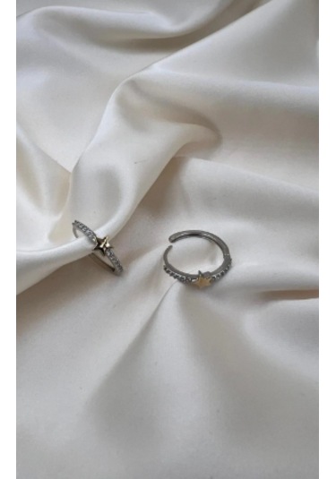 Bb Çelik Yıldız Detay Taşlı Halka Küpe Altın - Beyaz