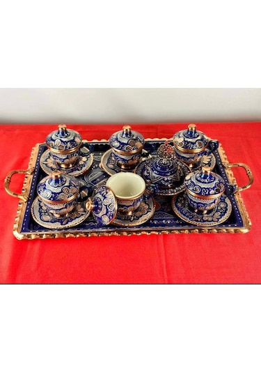 6lı Bakır Fincan Takımı Ve Lokumluk Kare Tepsili