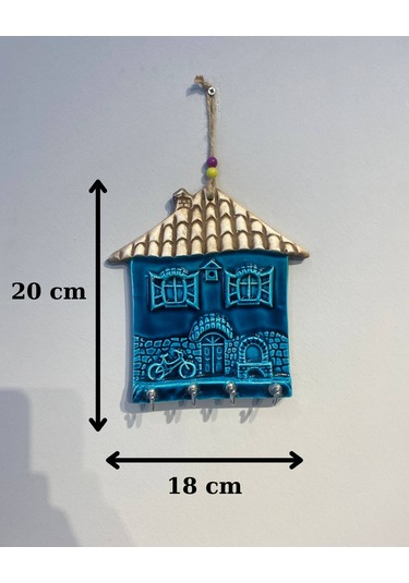El Yapımı Nazar Boncuğu, Duvar Dekorasyon Ürünü, Seramik, El İşçiliği, Turkuaz Renkte Ev Desenli Anahtarlık -