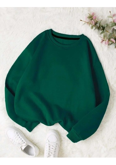 Baskısız Düz Sweatshirt - Nefti Yeşil Kalın Kışlık Şardonlu Uzun Kol Oversize Bisiklet Yaka Nefti Yeşil