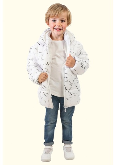 Erkek Çocuk Çıkabilir Kapüşonlu Su Ve Rüzgar Geçirmez Kışlık Şişme Mont & Kaban & Parka Beyaz